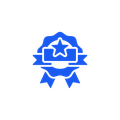 Blue award badge icon with star and ribbon tails
