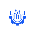 Blue gear with circuit lines and nodes, representing technology or automation.