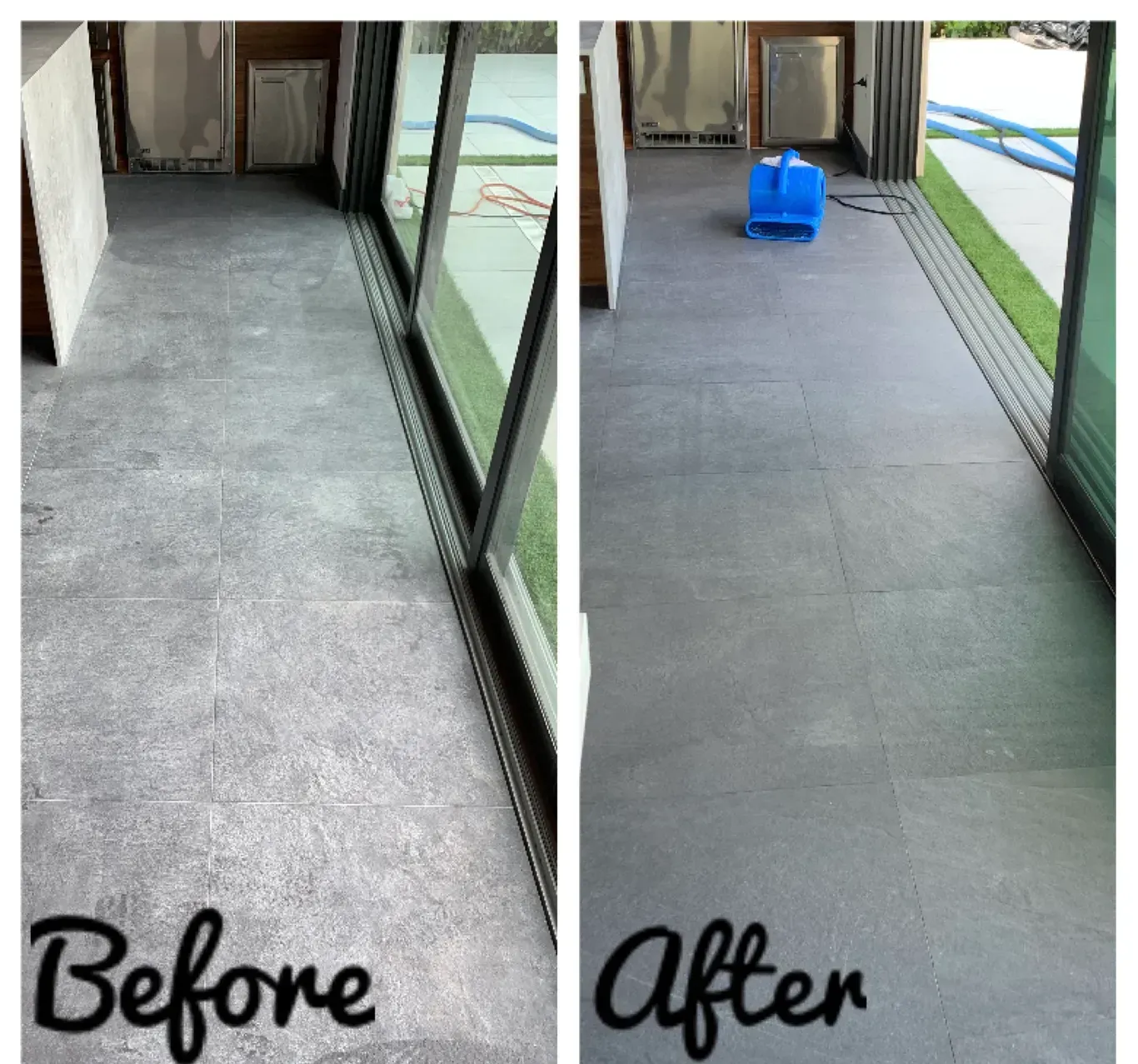 Before-and-after hallway floor cleaning; dirty gray floor on left, clean dark gray floor with blue mop bucket on right.