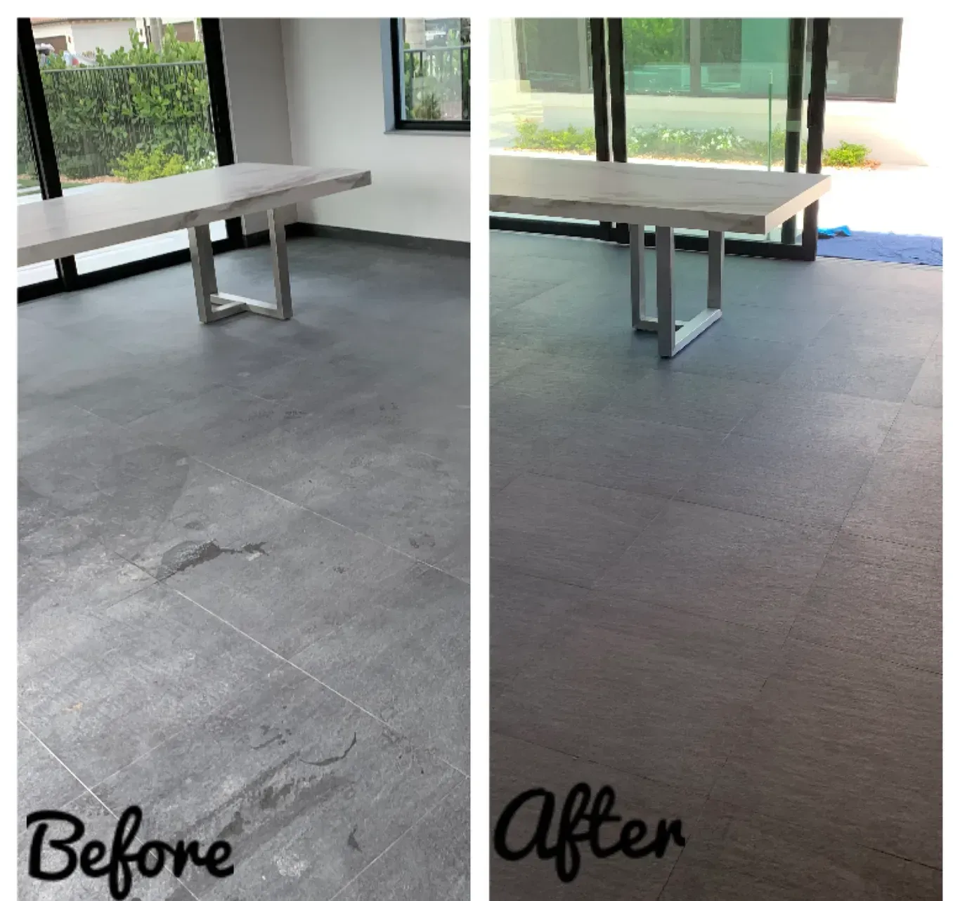 Split-screen before-and-after of a covered patio floor, gray concrete left and darker cleaned floor right.