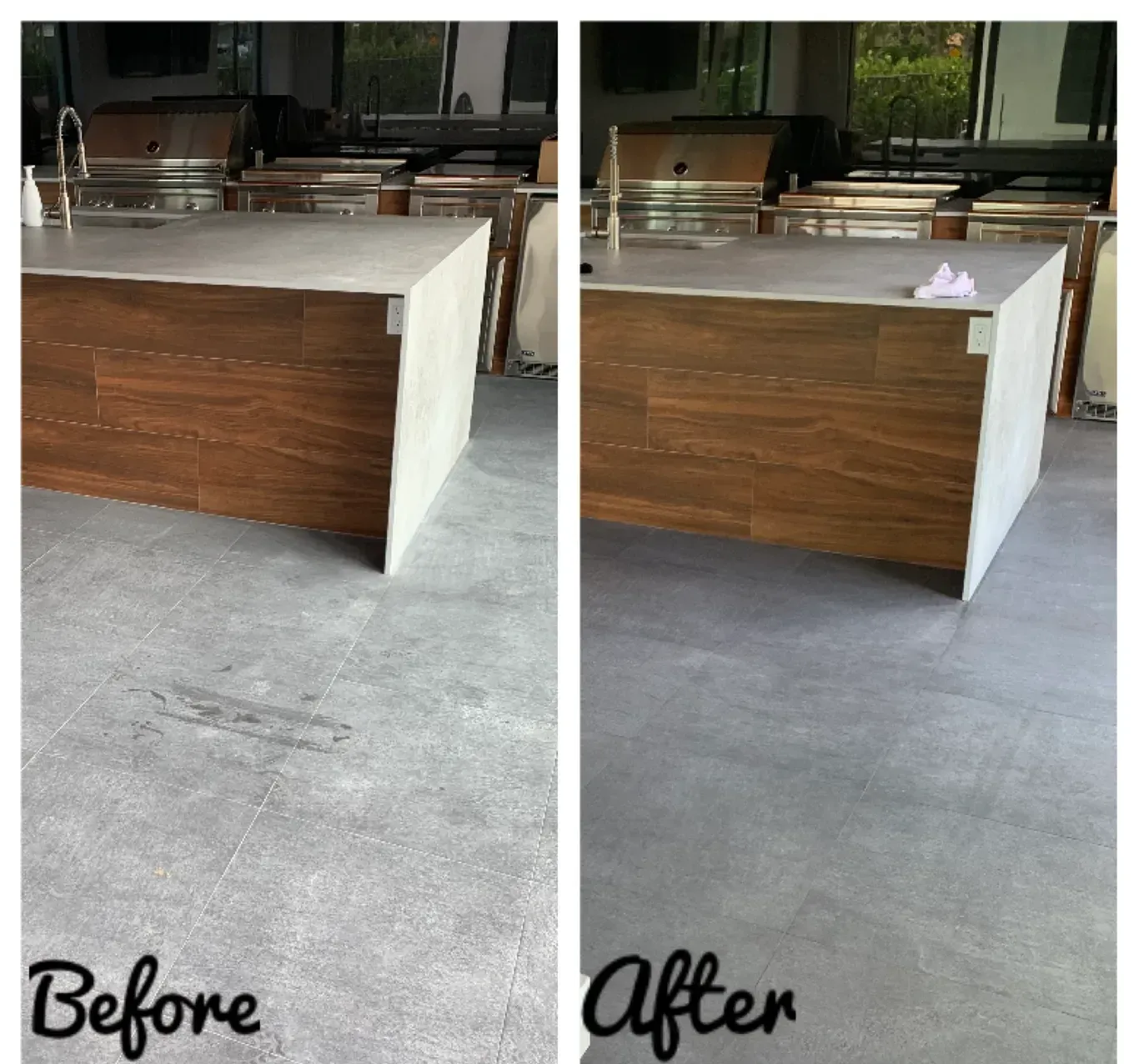 Before-and-after view of a concrete planter box with wood siding, showing a cleaner finish on the right.