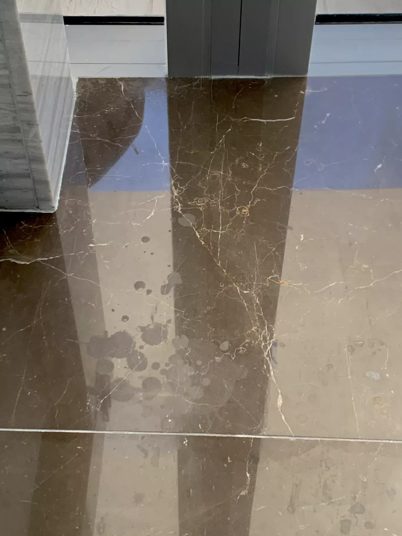 Glossy brown tiled floor with reflections and scattered water spots near a wall.