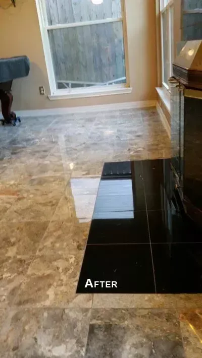 Kitchen floor with marble tile and a glossy black fireplace hearth labeled “AFTER”