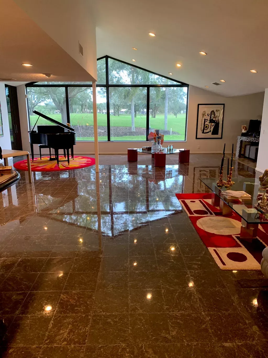 Modern living room with glossy floors, a grand piano, and large windows overlooking a green yard.