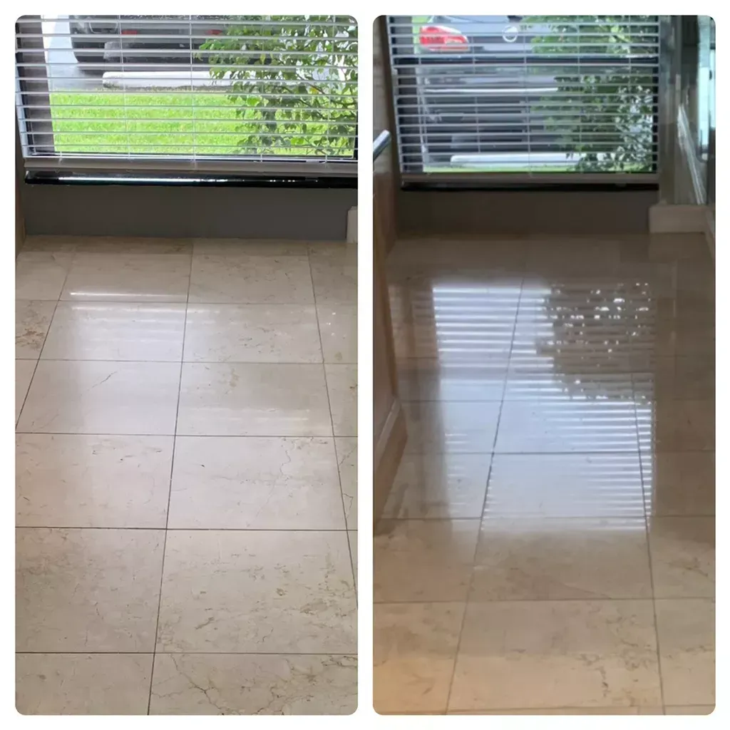 Side-by-side floor comparison: left matte tile, right glossy polished tile reflecting window blinds.