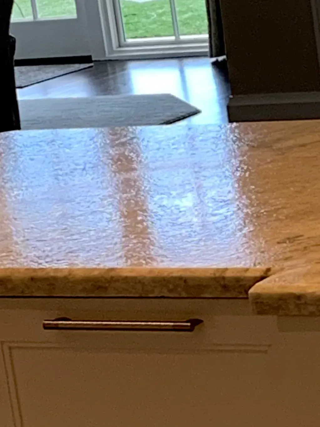 Kitchen countertop with a cabinet drawer, looking into a room with a glass door and rug beyond.