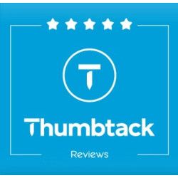 Thumbtack Reviews badge on blue background with five white stars and logo