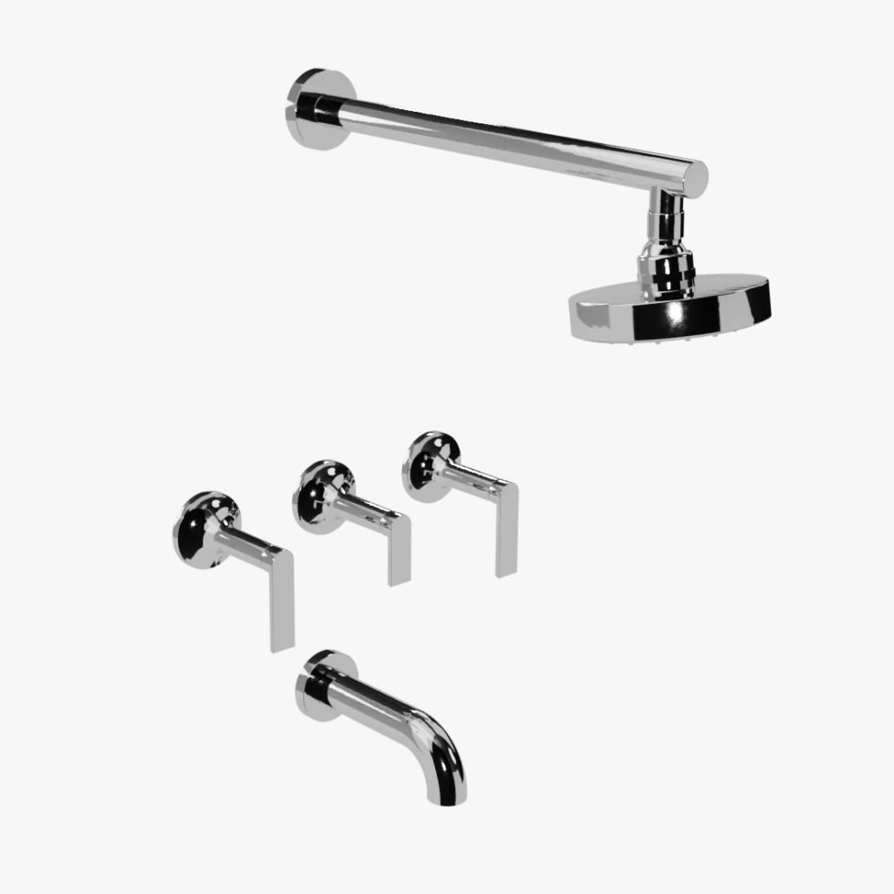 Grifo de baño y accesorios de ducha cromados sobre un fondo blanco.