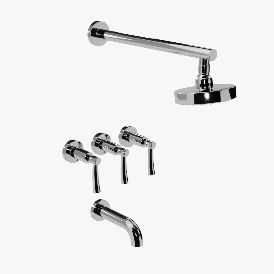 Grifo de baño cromado y accesorios de ducha a juego montados en la pared sobre un fondo blanco.
