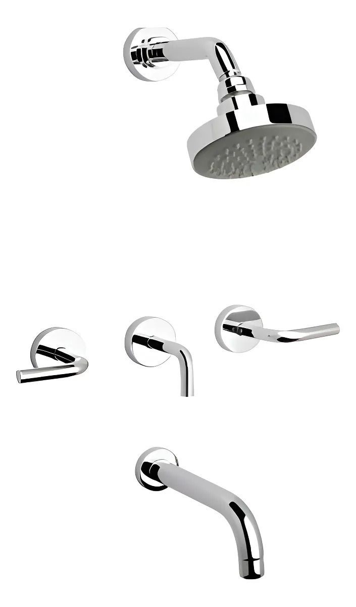 Componentes cromados para accesorios de ducha mostrados en un diseño de producto sobre un fondo blanco.