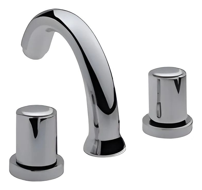 Grifo de baño cromado con dos manijas sobre fondo blanco.