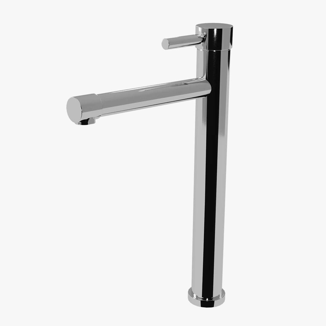 Grifo de baño moderno cromado con cuerpo cilíndrico y maneta monomando.