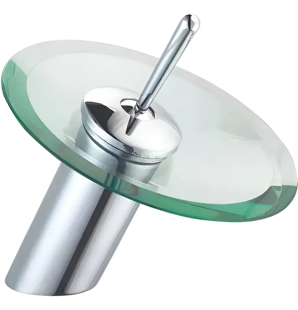 Lámpara de mesa moderna de vidrio y metal con pantalla de disco esmerilado y pie angular.
