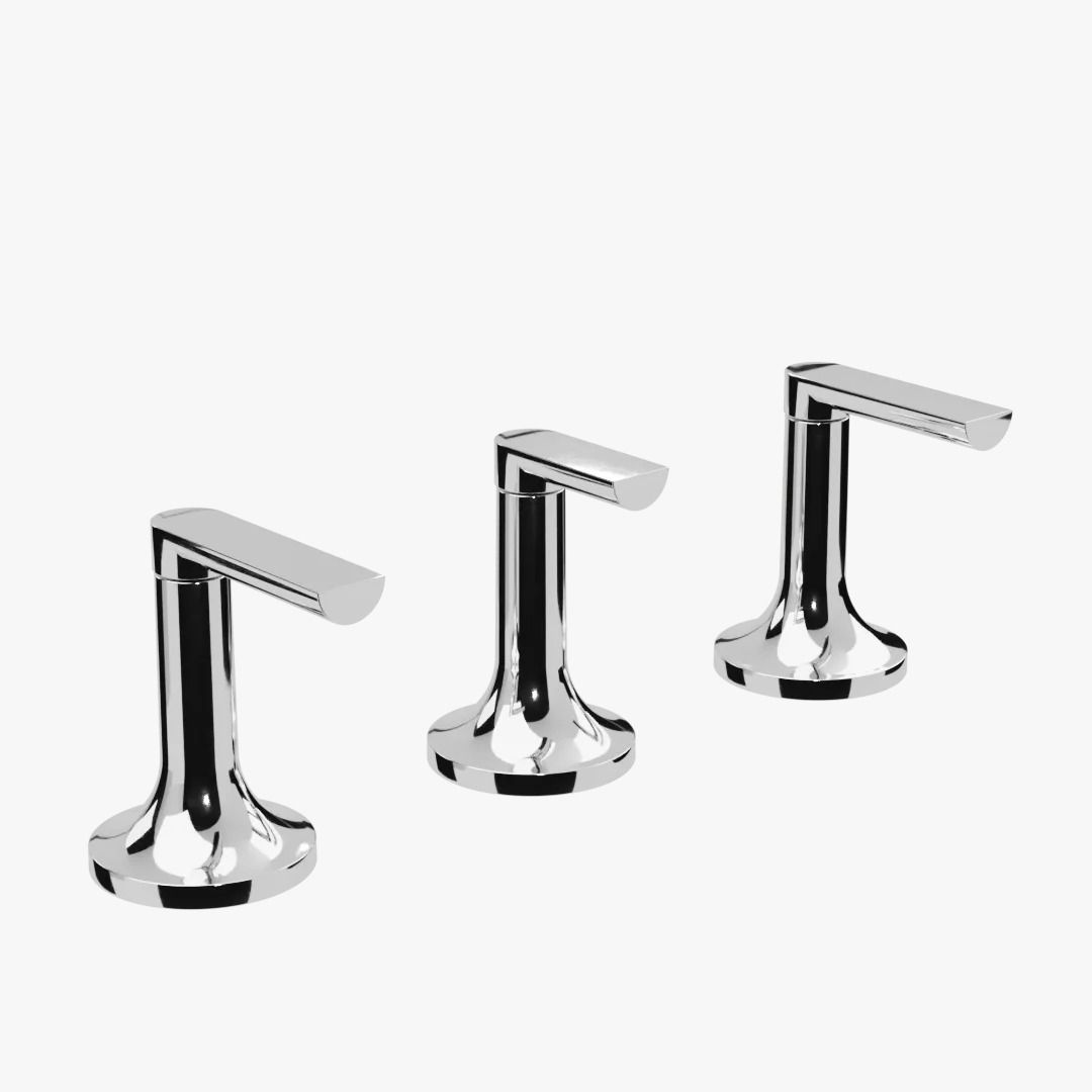 Tres grifos de baño cromados con elegantes manijas modernas sobre un fondo blanco.