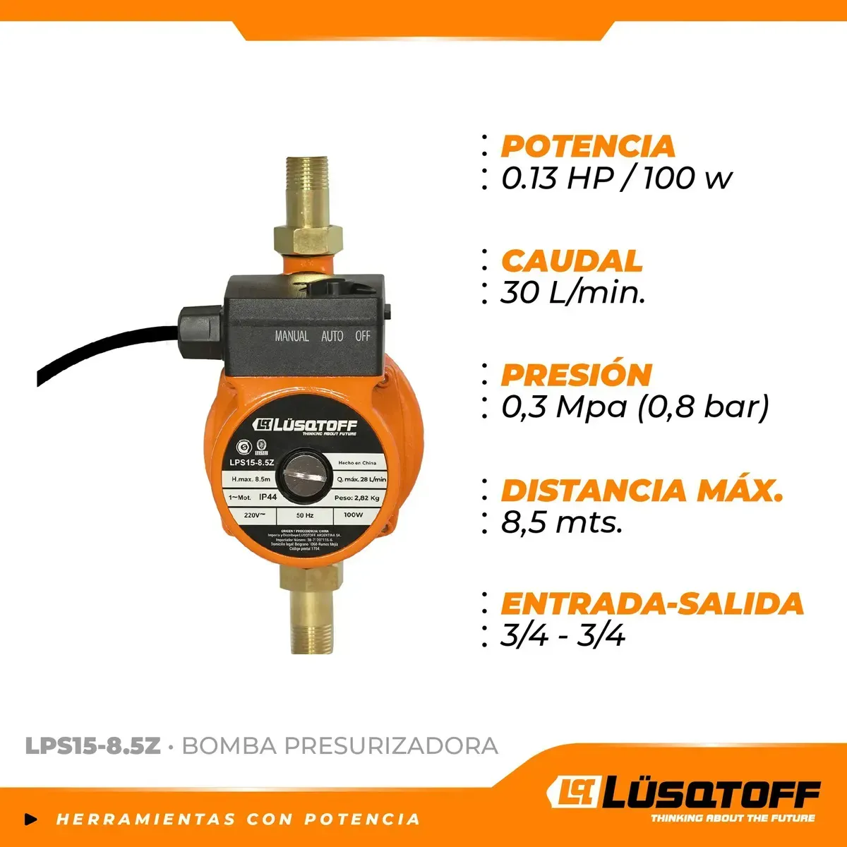 BOMBA PRESURIZADORA LUSQTOFF LPS15-8.5Z 1/2HP 100W