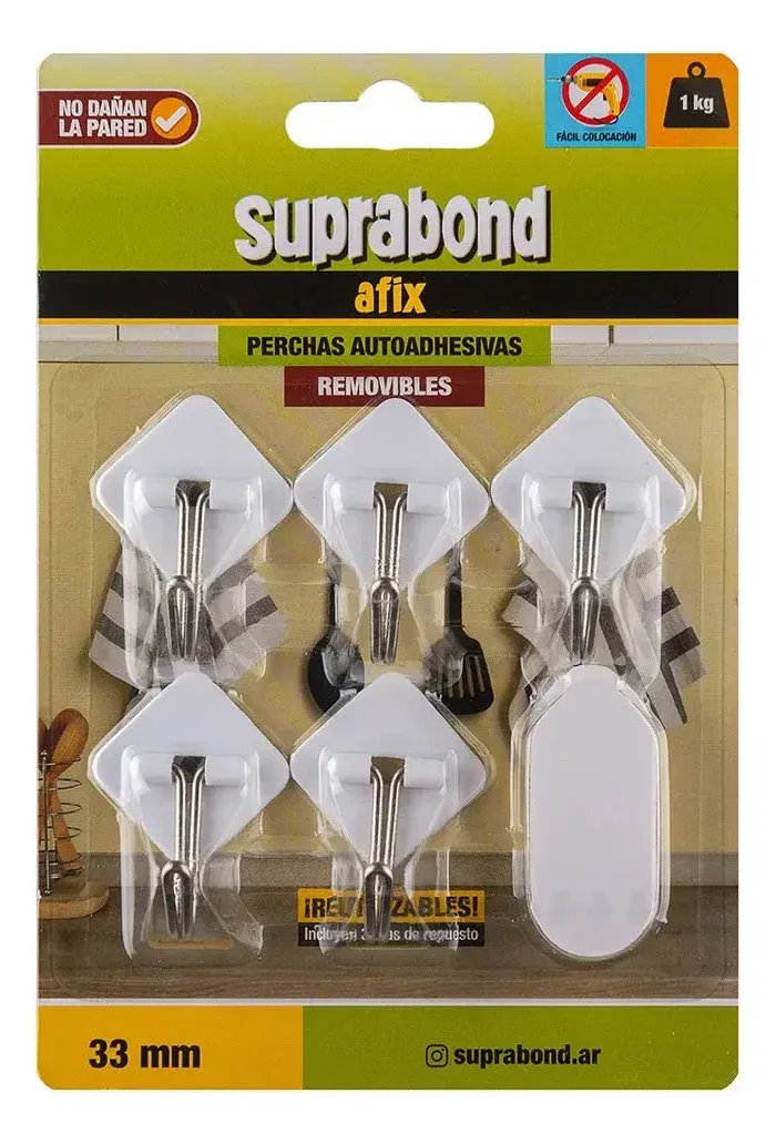 PERCHAS AUTOADHESIVAS SUPRABOND REMOVIBLES 33MM BLANCAS X 5UN