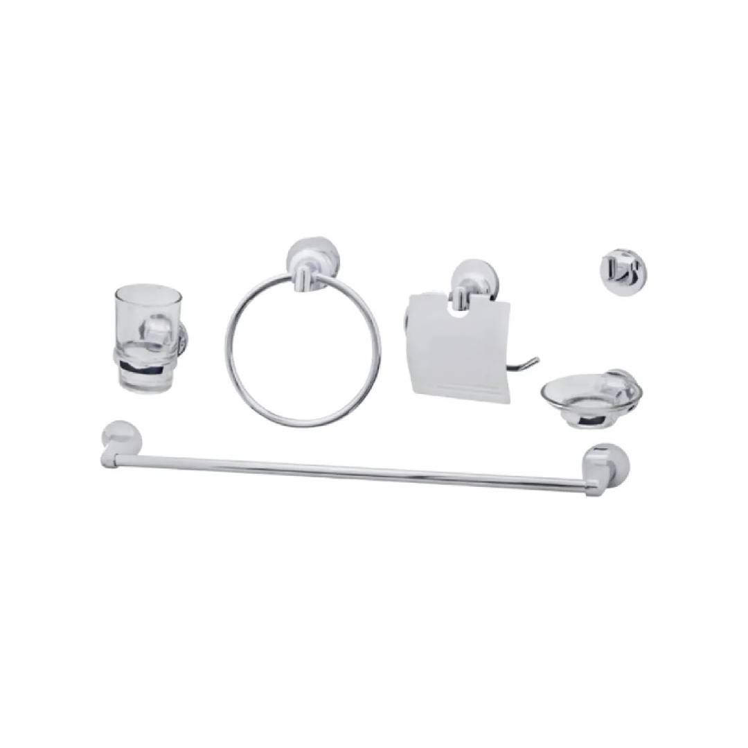 Juego de accesorios de baño cromados con toallero, aro, gancho, portarrollos de papel higiénico y soporte para vasos.