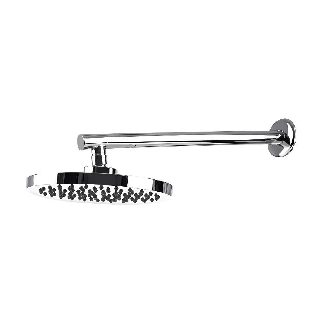 Cabezal de ducha cromado para montaje en pared con boquilla redonda y brazo largo.