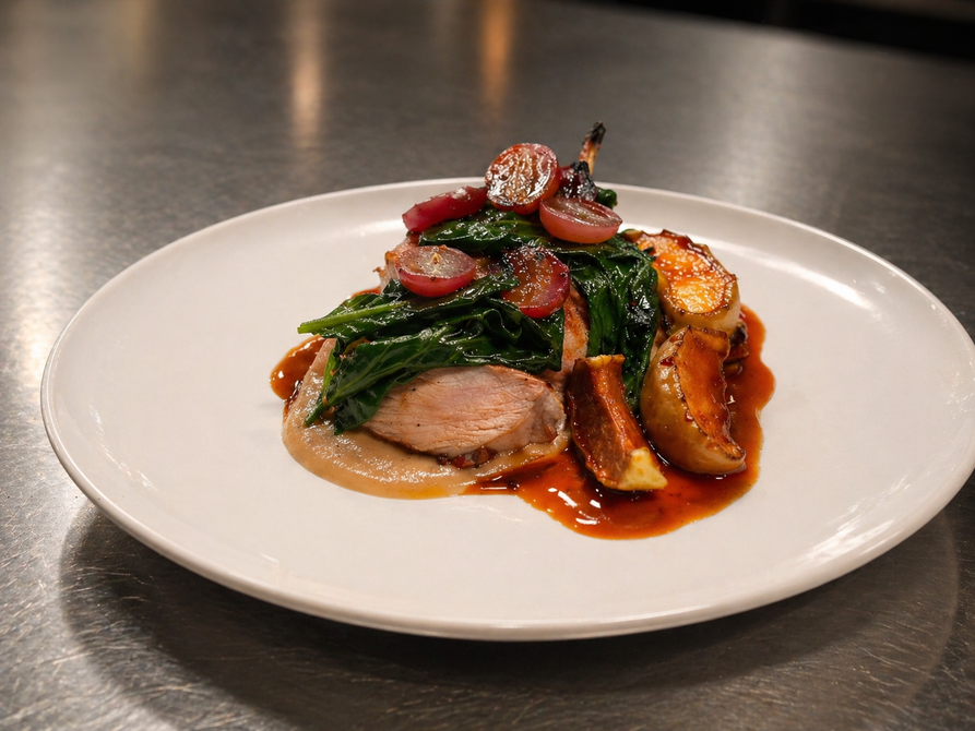 Côte de Porc Grillée 
14 days Aged Pork Cutlet, Jerusalem Artichoke purée, Kai lan, Caramelised Apple, Grapes 
