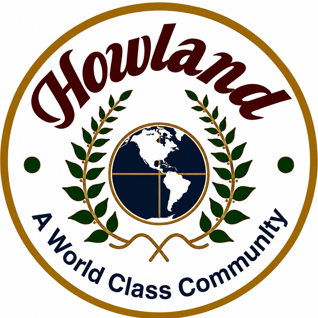 Holland school logo with globe and laurel wreath, reading “A World Class Community”