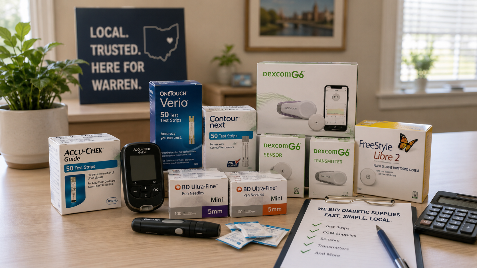 Display of local business signage and assorted product boxes on a table in a bright office.