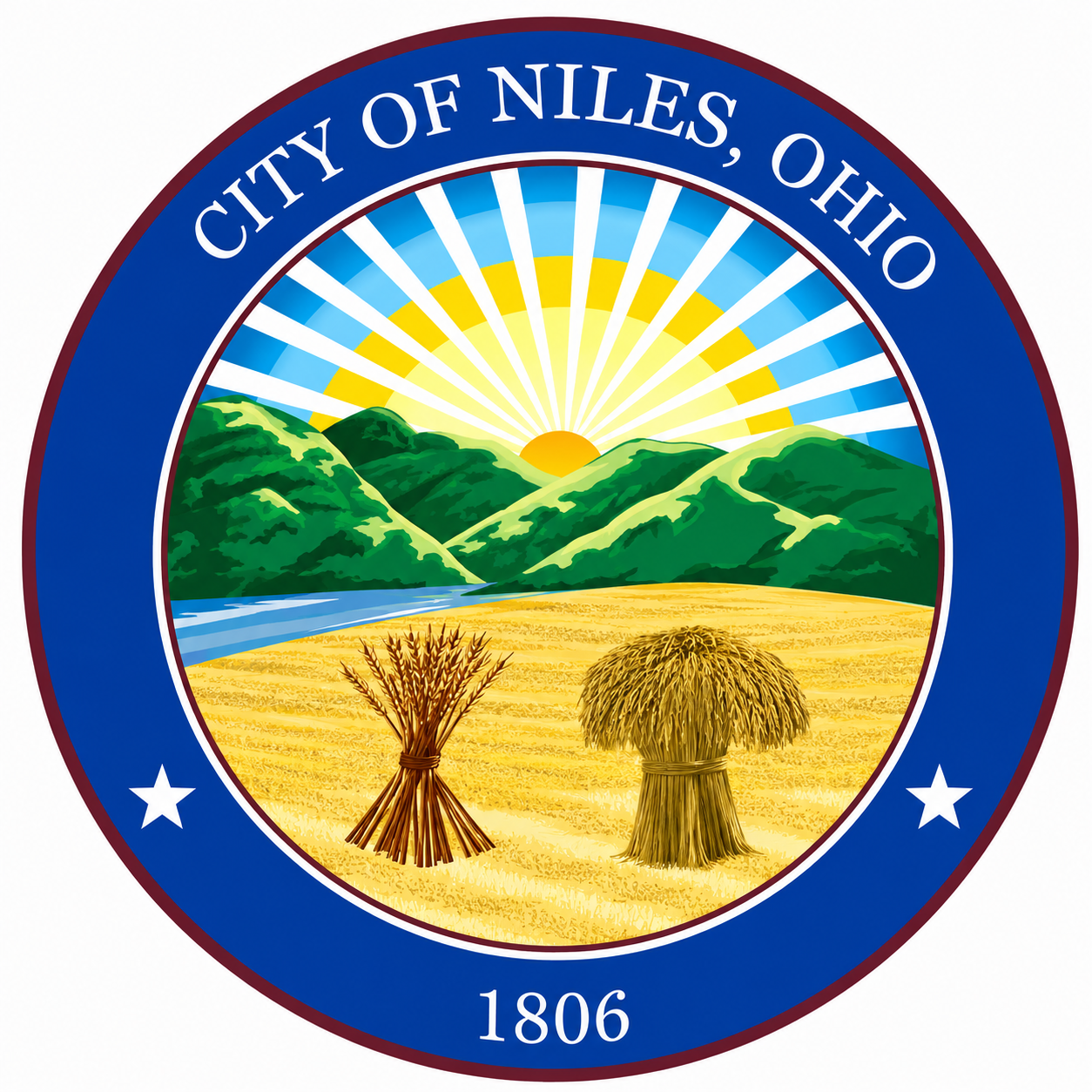 City of Niles, Ohio seal with sunburst, mountains, fields, and blue border