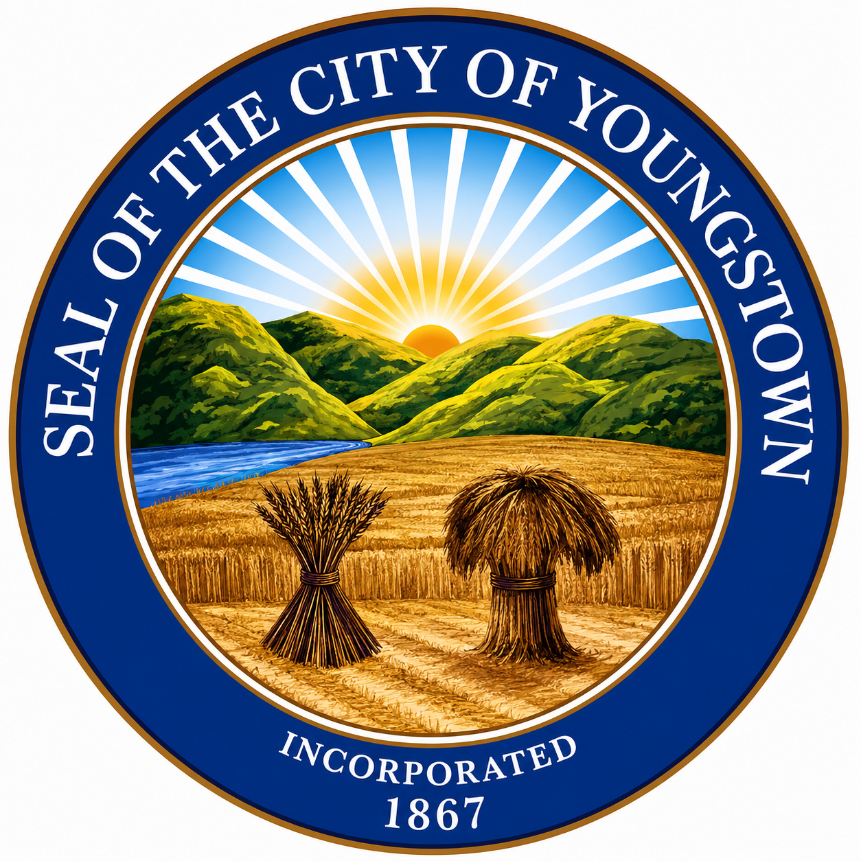Seal of the City of Youngstown with sunrise over hills and landscape scene