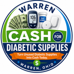 Warren, Ohio logo for cash for diabetic supplies with meter, strips, pills, and dollar bills