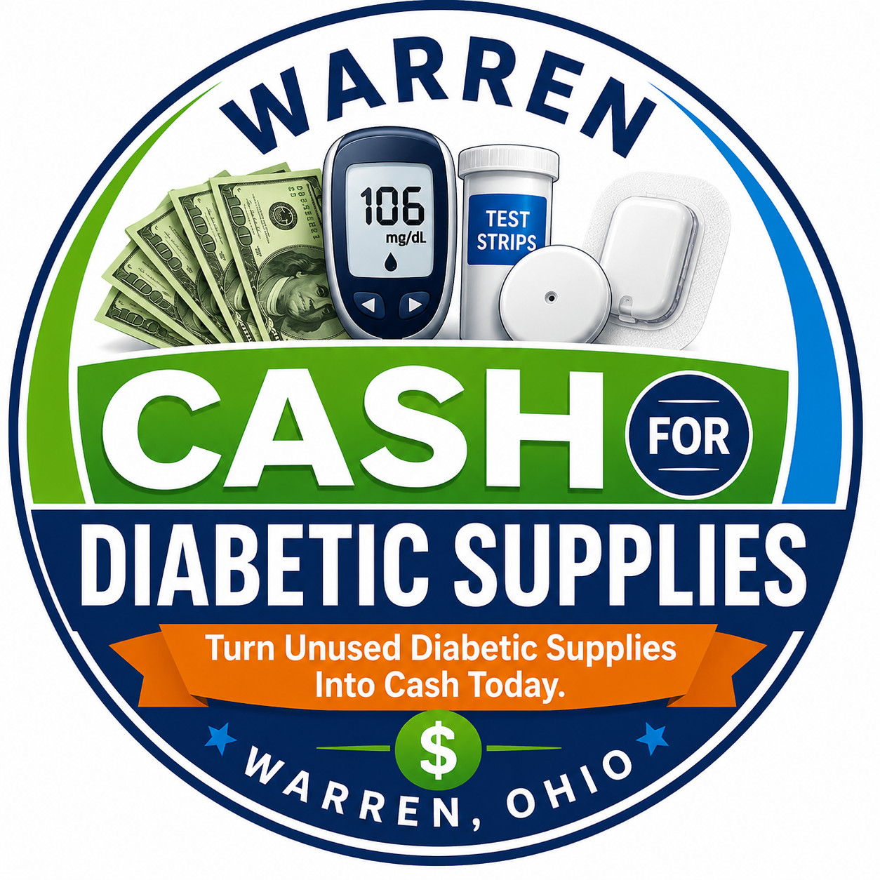 Warren, Ohio logo for cash for diabetic supplies with meter, strips, pills, and dollar bills