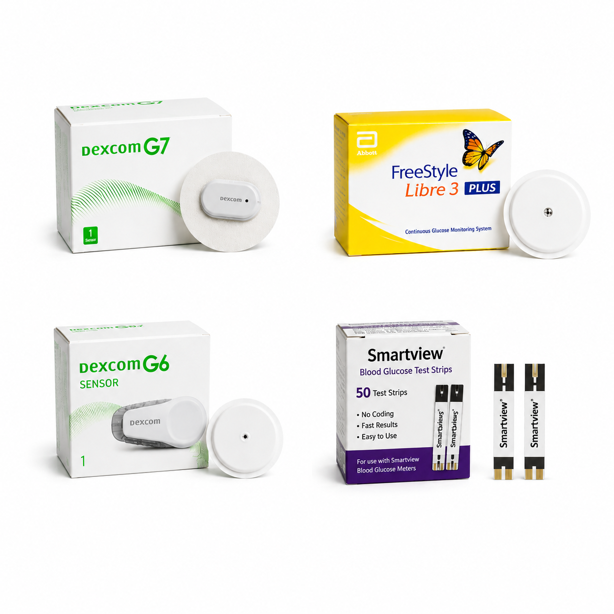 Dexcom G7, FreeStyle Libre 3, Dexcom G6, and SmartView glucose monitoring products arranged on white background