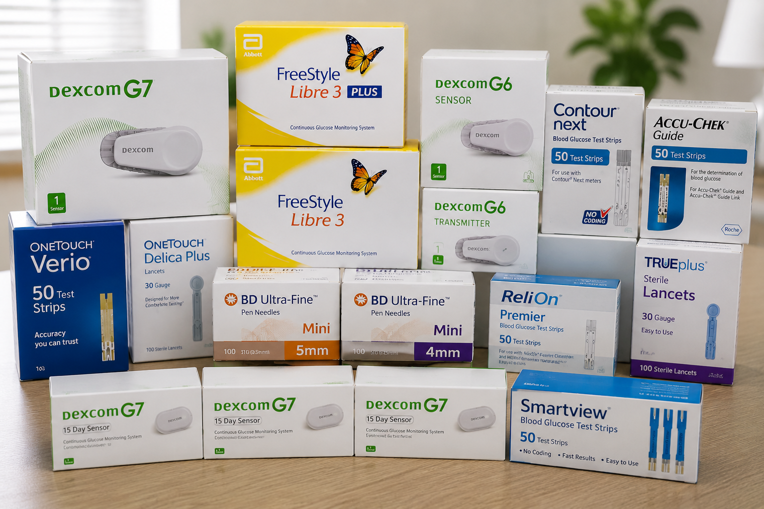 Assorted boxed and bottled contact lens products arranged on a tabletop with a blurred plant background