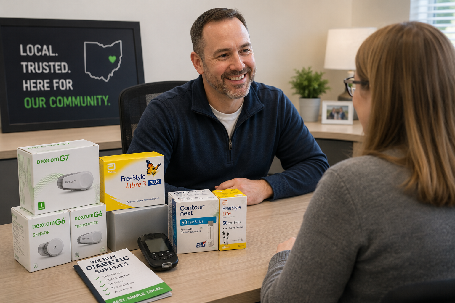 Man and woman talking at a pharmacy counter with medicine boxes and a sign reading “Local. Trusted. Here for our community.”