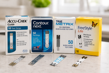 Four blood glucose meter boxes with test strips displayed on a countertop.
