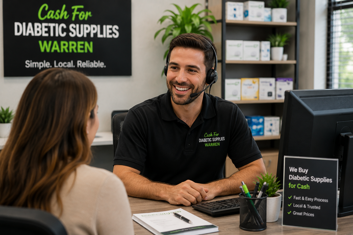 Customer service desk for Cash For Diabetic Supplies Warren, with a smiling clerk helping a customer