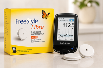 FreeStyle Libre glucose monitor kit with reader, sensor, and yellow packaging on a table