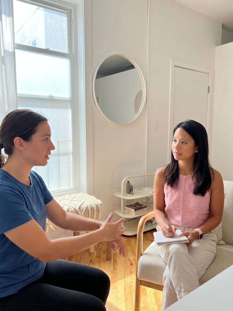 Patient consulting one-on-one with a provider at a pelvic floor physical therapy clinic in Brooklyn, NY