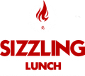 Red flaming logo above bold red text reading &ldquo;SIZZLING LUNCH&rdquo; on a white background