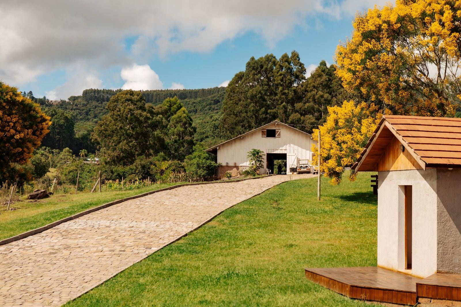 Caminho rural que leva a uma casa de campo branca, com gramado verde e árvores de outono sob um céu parcialmente nublado.
