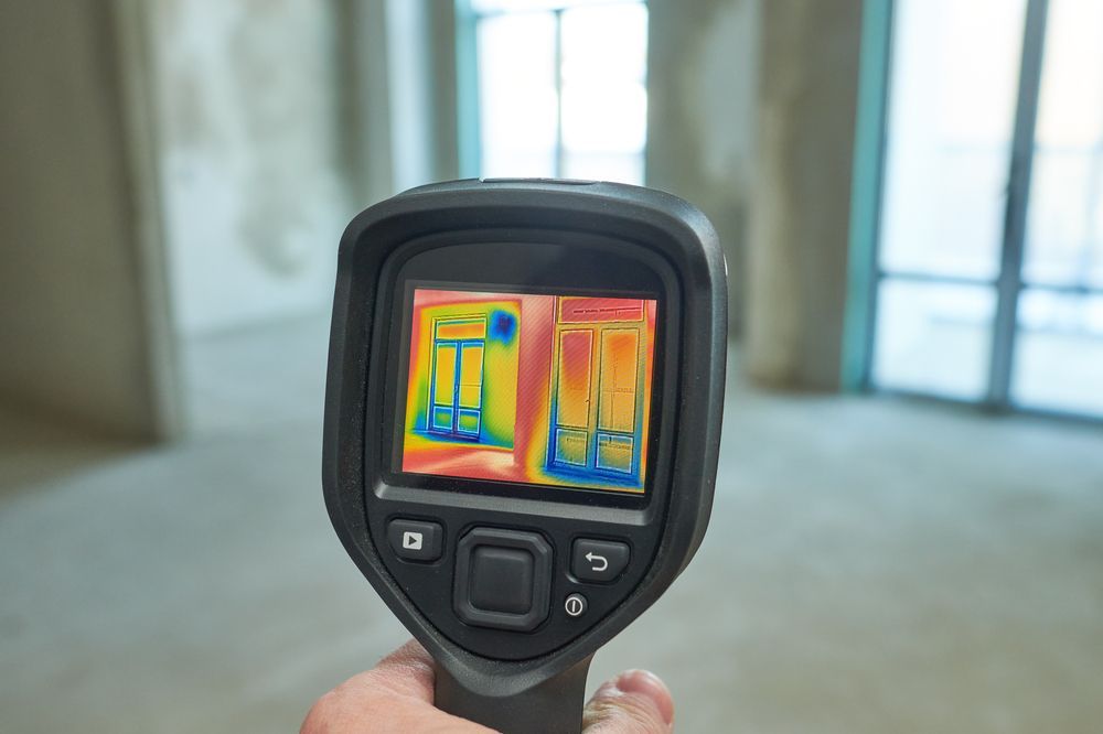 Hand holding a thermal imaging camera, displaying heat signatures of windows in a construction site — Scott MacTaggart Building & Pest Inspections In Wingham, NSW