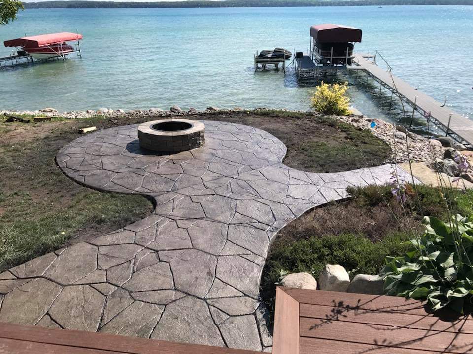 Decorative stamped patio around a fire pit