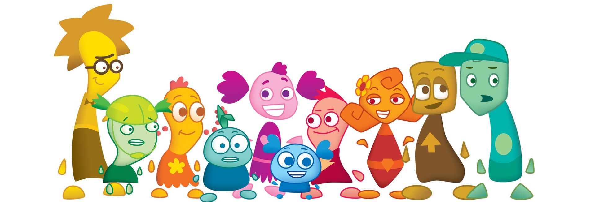 A group of colorful characters smile