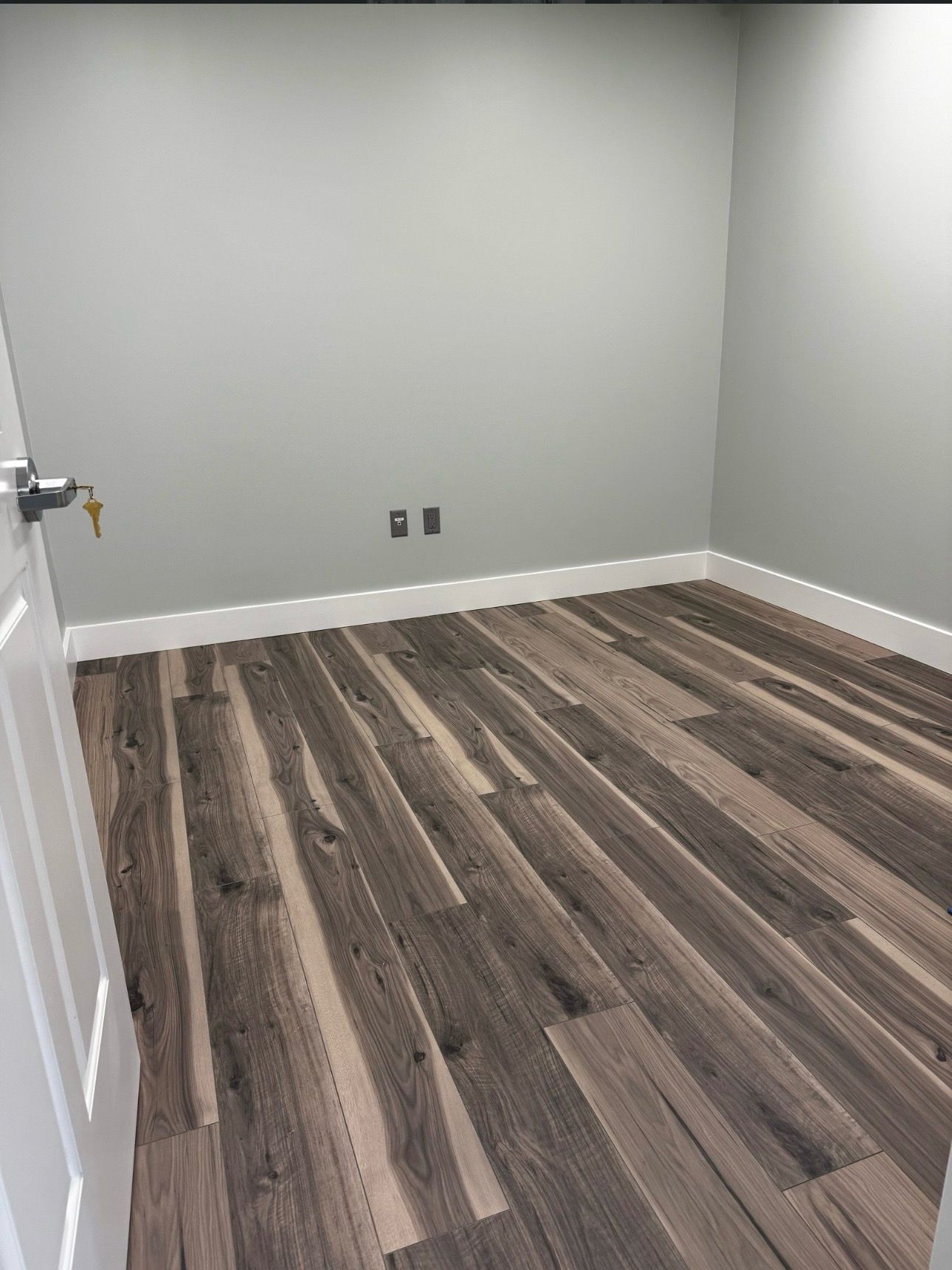 Empty room with gray walls, white trim, and wood-look flooring.