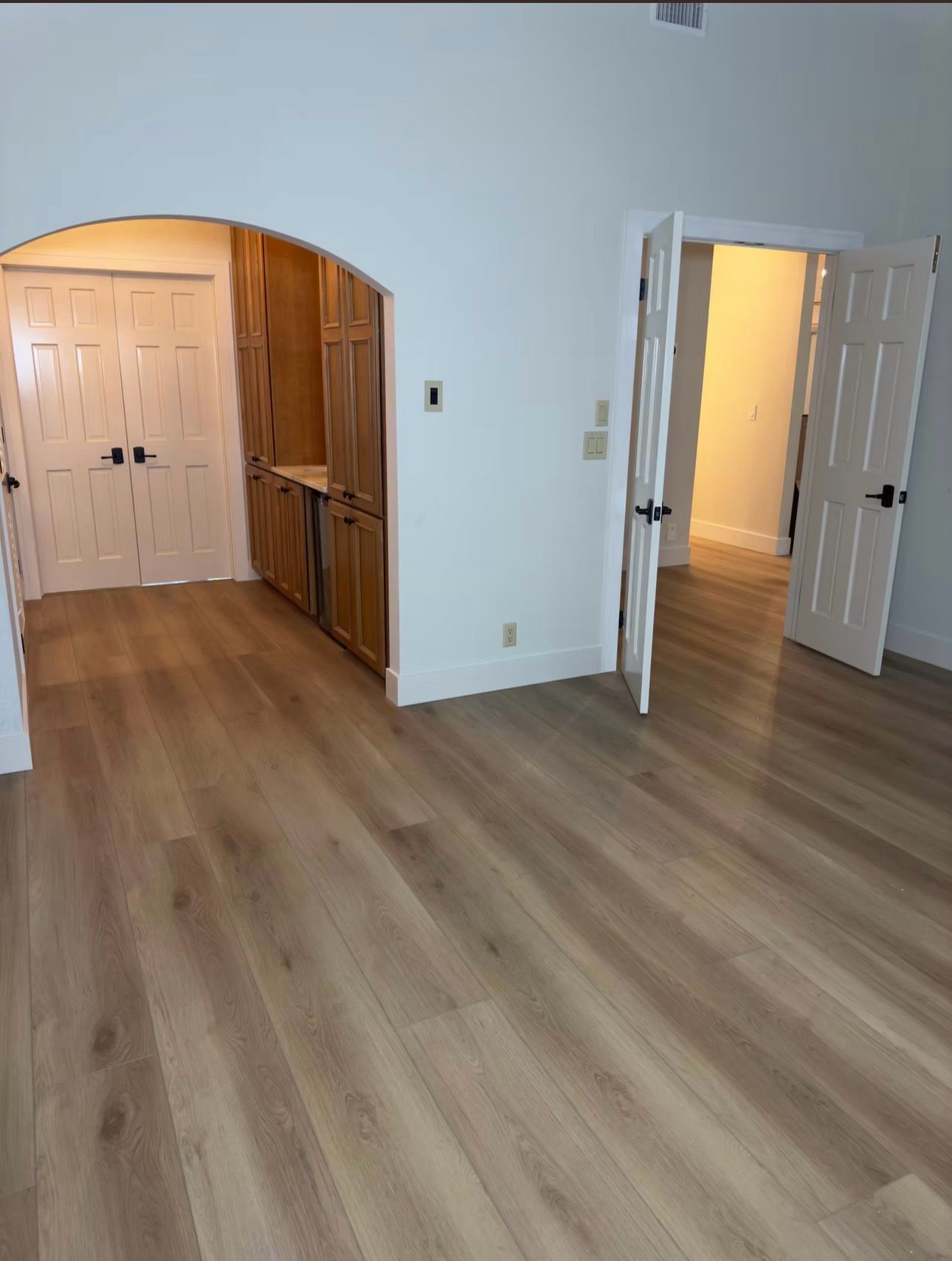 Empty room with wood floors, arched doorway, and two open white doors on a pale blue wall