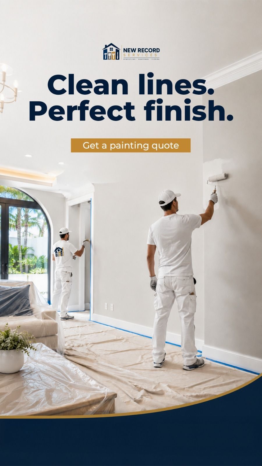 Two painters in white work on a bright room wall with text: “Clean lines. Perfect finish.”