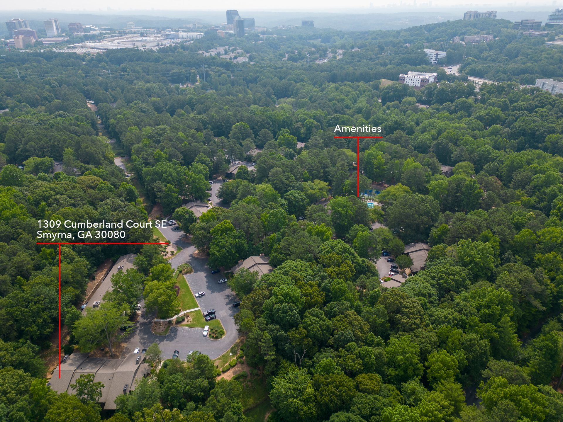 An aerial view of a lush green forest with a city in the background.