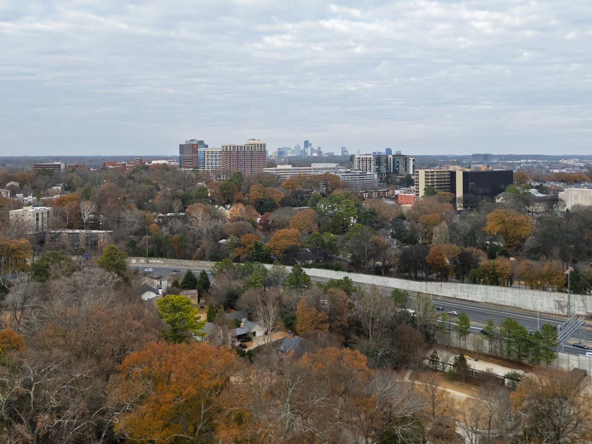 A panoramic view of an urban skyline rising behind a dense, autumn-colored forest with a highway visible in the foreground.