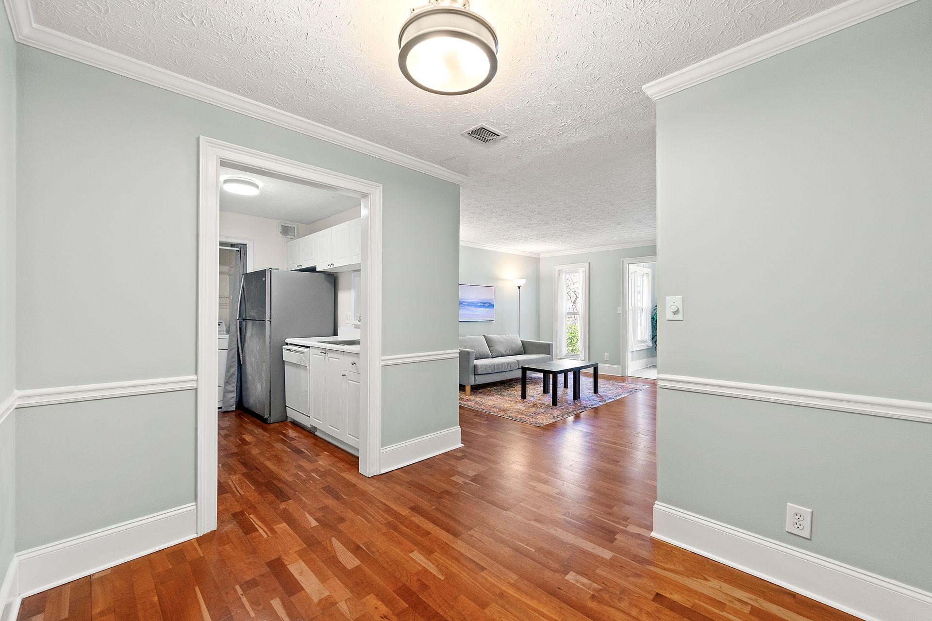 A hallway leading to a living room and kitchen in a house.