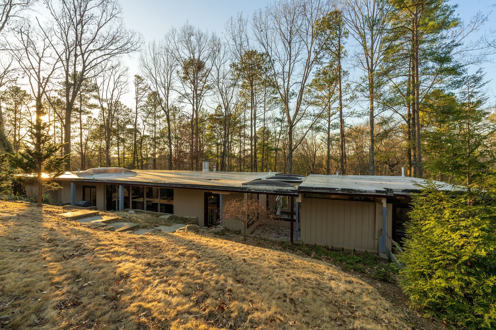 A house is sitting on top of a hill in the middle of a forest.