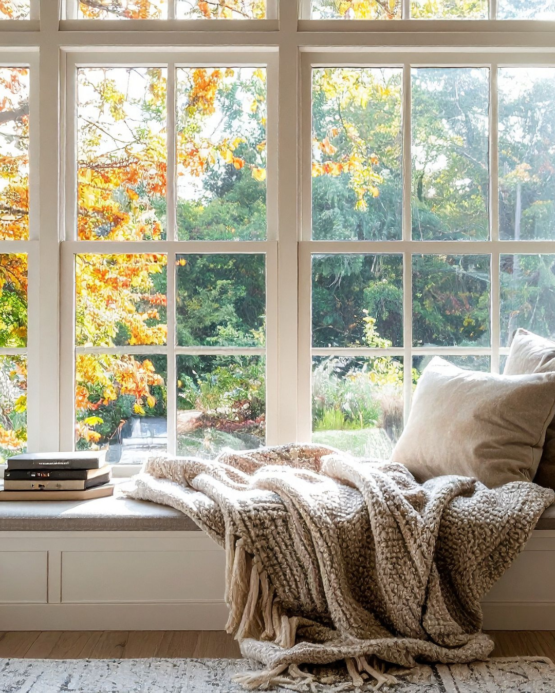 Cozy window seat with a knitted blanket and pillows, overlooking fall foliage.