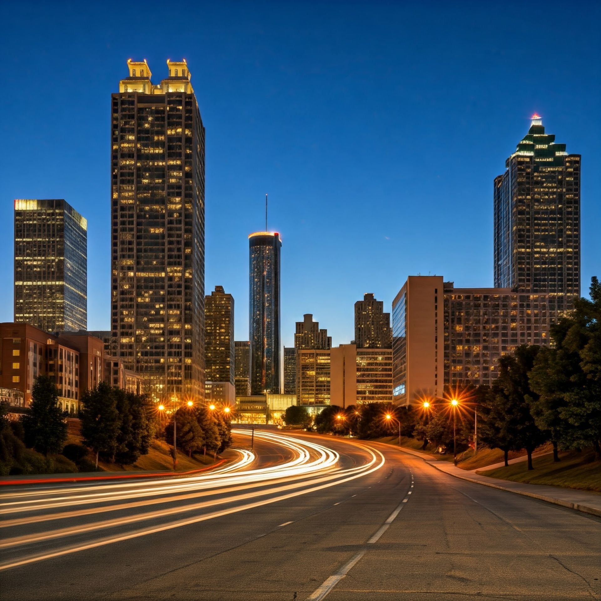 A city skyline at night with a highway in the foreground